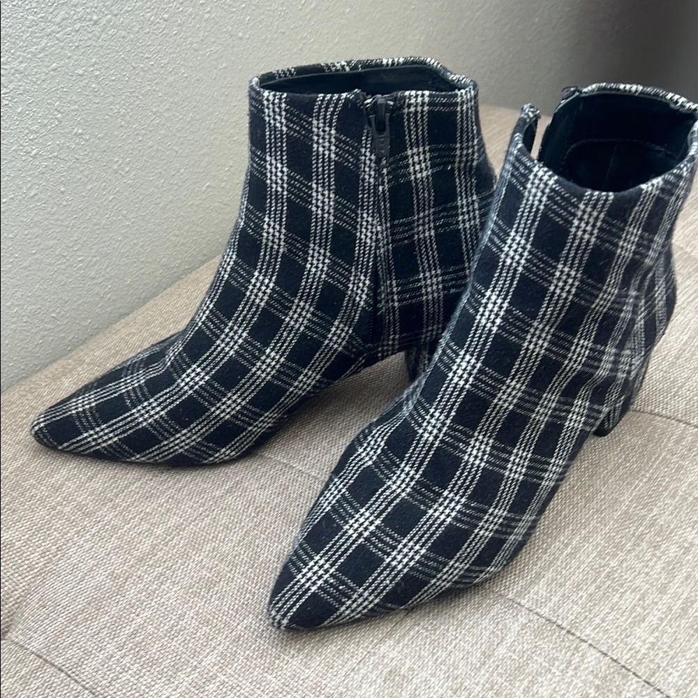 Plaid Ankle Boots - Black and White